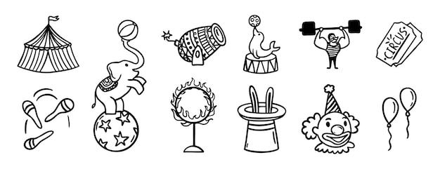 Conjunto de iconos dibujados a mano de circo dibujo de contorno colección de símbolos de línea de clipart de circo