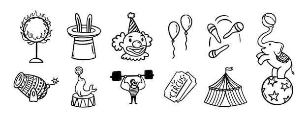 Conjunto de iconos dibujados a mano de circo dibujo de contorno colección de símbolos de línea de clipart de circo