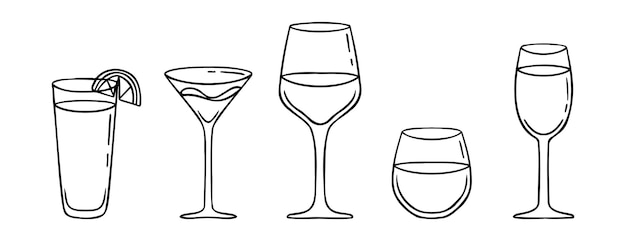 Conjunto de íconos dibujados a mano de cócteles dibujos de esquema cócteles línea clipart símbolo boceto en blanco y negro
