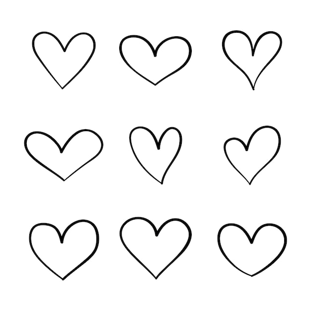 Vector conjunto de iconos dibujados a mano de corazón aislado sobre fondo blanco para fondo de pantalla de póster y el día de san valentín colección de arte creativo de corazones