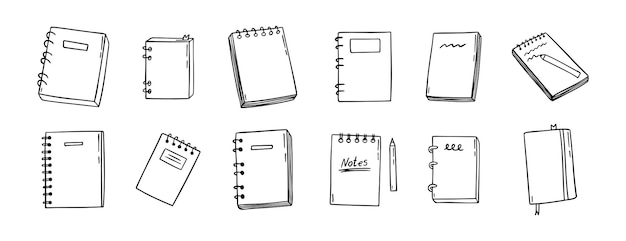 conjunto de iconos dibujados a mano de cuadernos de dibujo de contorno cuadernos de dibujos de línea símbolo de clip isolado libro de ejercicios de doodle