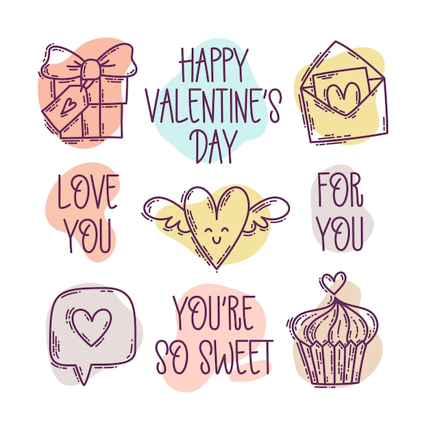 Conjunto de iconos dibujados a mano con estilo de garabato del día de San Valentín con un simple efecto retro de grabado Estado de ánimo romántico colección de símbolos y elementos de amor lindo
