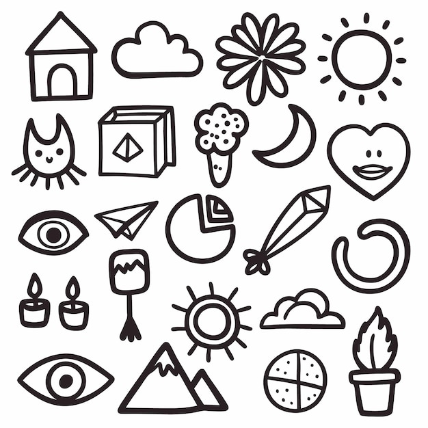 Conjunto de iconos dibujados a mano, incluida la casa, la nube, la flor, el sol, la caja del gato, la planta, la luna, el corazón, el ojo, el avión, el pastel, el círculo de cristal, las velas, la montaña de dulces y la pizza.