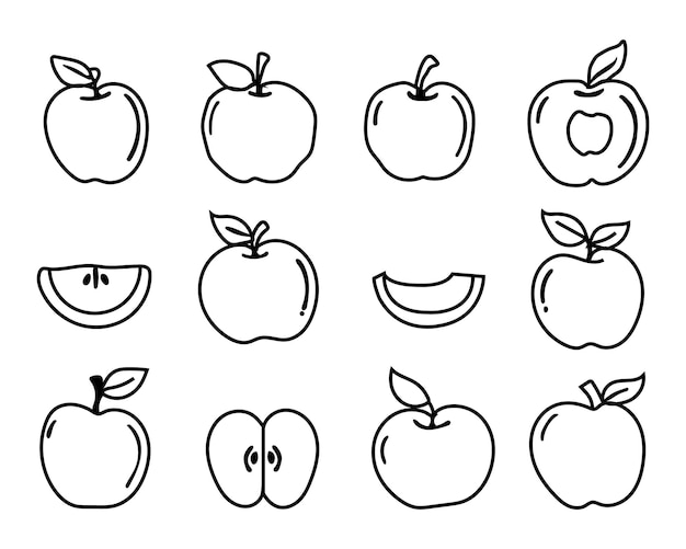 conjunto de íconos dibujados a mano de manzana dibujo de contorno línea de manzana colección de símbolos de arte de clip con fondo blanco