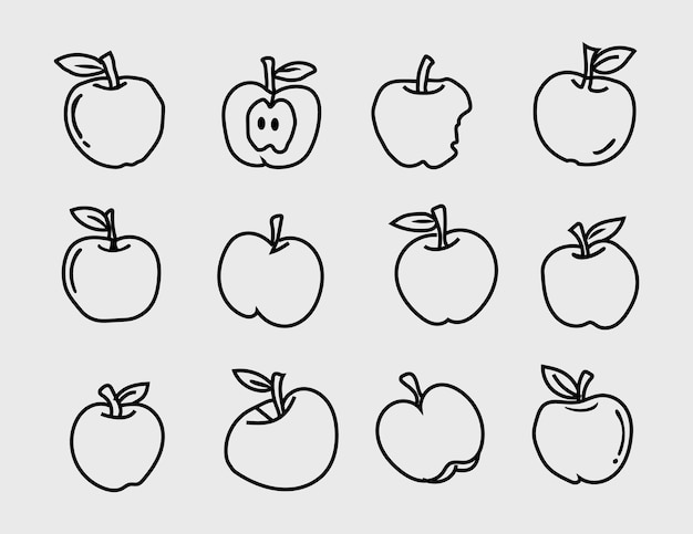 conjunto de íconos dibujados a mano de manzana dibujo de contorno línea de manzana colección de símbolos de arte de clip con fondo blanco