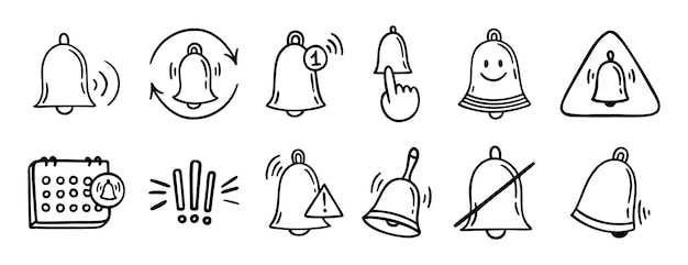 Conjunto de iconos dibujados a mano relacionados con la notificación de la campana Colección de símbolos clipart de la línea de dibujos de las campanas