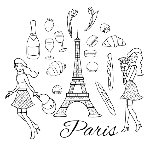 Conjunto de iconos dibujados a mano con símbolos de París París estilo vintage ilustración de contorno vectorial en garabateo
