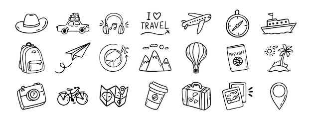 conjunto de iconos dibujados a mano de viajes dibujos de esquema de viajes turismo línea de clipart símbolos