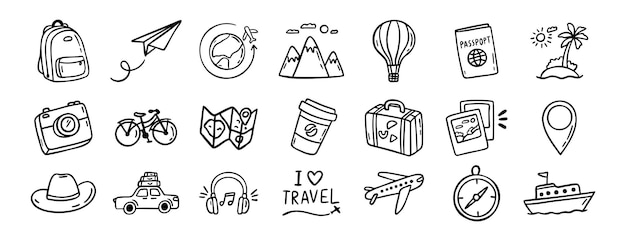 conjunto de iconos dibujados a mano de viajes dibujos de esquema de viajes turismo línea de clipart símbolos