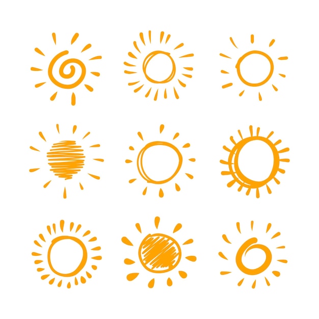 Conjunto de iconos de dibujo simple de la mano del sol Conjunto del icono de dibujo del sol de los rayos de sol de la luz del sol Colección de iconos del sol de la estrella del sol amarillo