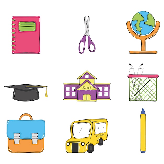 Conjunto de iconos de dibujo de útiles escolares de colores Ilustración vectorial