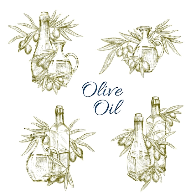 Conjunto de iconos de dibujo vectorial de botellas de aceite de oliva