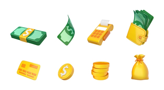 Conjunto de iconos de dibujos animados en 3d de tema de dinero aislado sobre fondo blanco vectort iconos 3d