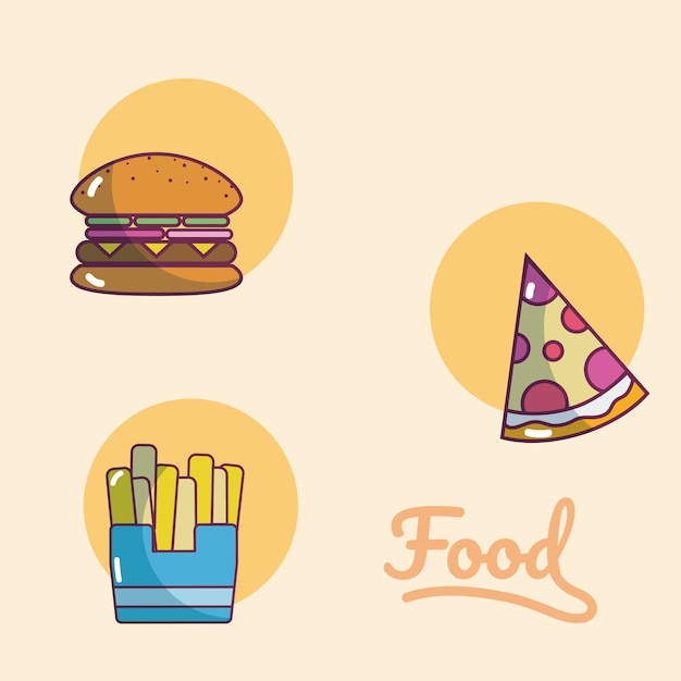 Conjunto de iconos de dibujos animados de alimentos