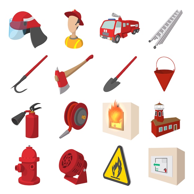 Conjunto de iconos de dibujos animados de bombero aislado