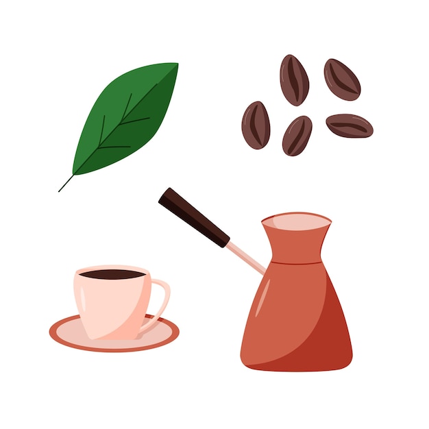 Vector conjunto de iconos de dibujos animados de café ilustración vectorial de granos de café hojas frescas un turco y una taza