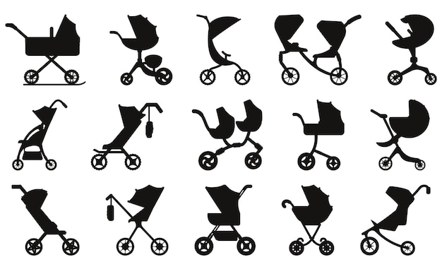 Conjunto de iconos de dibujos animados cochecito recién nacido siluetas vectoriales