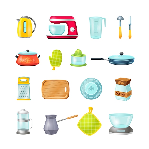 Conjunto de iconos de dibujos animados de cocina, cocina de cocina.