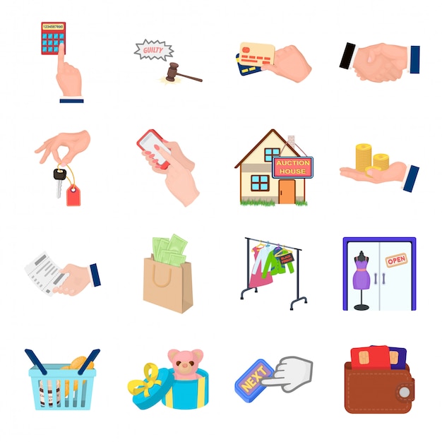 Conjunto de iconos de dibujos animados comerciales. Dibujos animados aislados establece negocio icono. comercial
