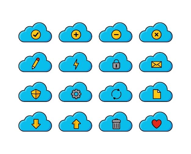El conjunto de iconos de dibujos animados de computación en la nube iconos coloridos de tecnología en la nube concepto de descarga de almacenamiento en la nube