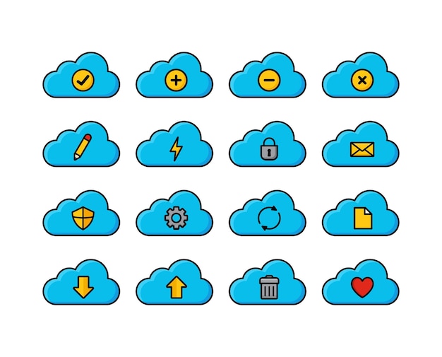 Vector el conjunto de iconos de dibujos animados de computación en la nube iconos coloridos de tecnología en la nube concepto de descarga de almacenamiento en la nube