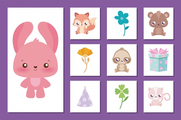 Conjunto de iconos y dibujos animados de conejo del concepto de feliz cumpleaños