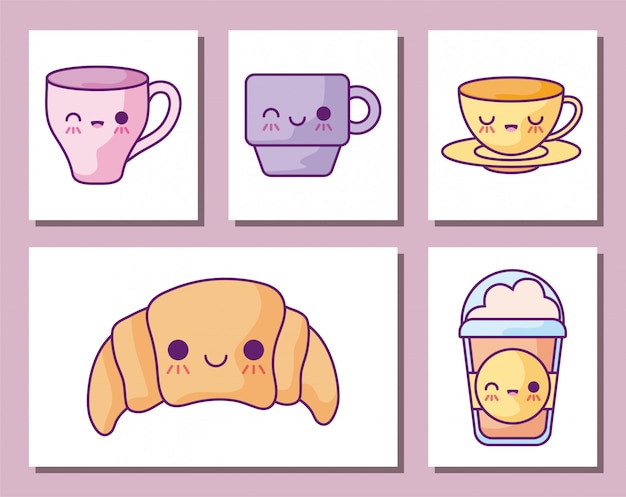 Vector conjunto de iconos de dibujos animados de desayuno y comida