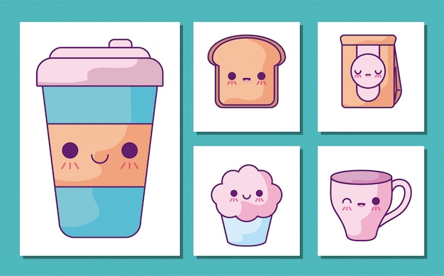 Conjunto de iconos de dibujos animados de desayuno y comida