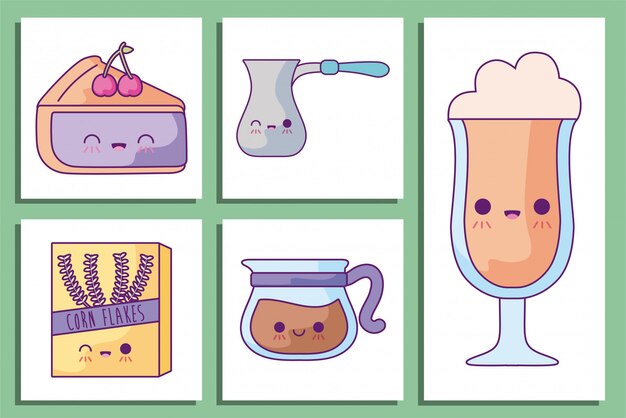 Conjunto de iconos de dibujos animados de desayuno y comida