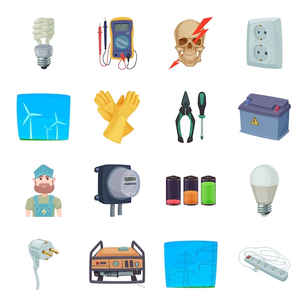 Vector conjunto de iconos de dibujos animados de electricidad.