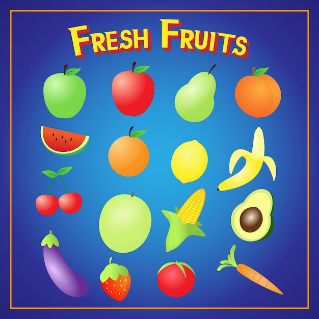 Conjunto de iconos de dibujos animados de frutas. Icono de fruta fresca y brillante sobre un fondo azul. Ilustración vectorial.