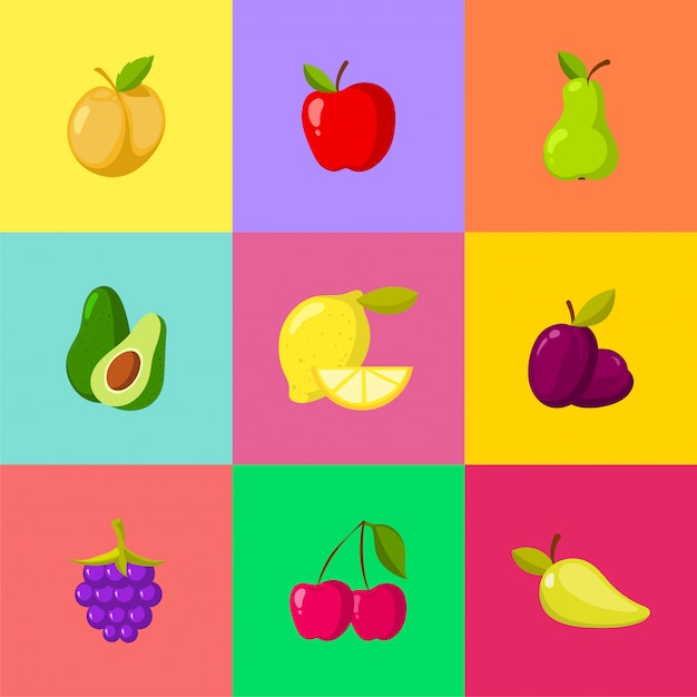 Conjunto de iconos de dibujos animados de frutas. Manzana ciruela limón cereza pera aguacate