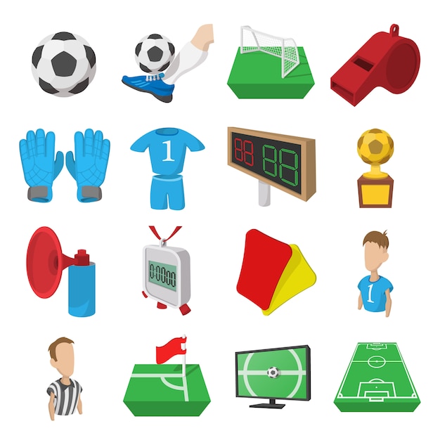 Vector conjunto de iconos de dibujos animados de fútbol. iconos de futbol