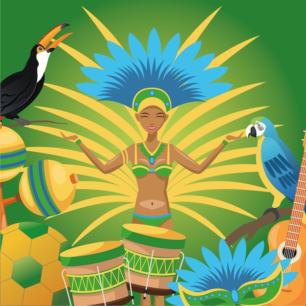 Vector conjunto de iconos y dibujos animados de garota. brasil cultura américa