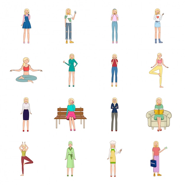 Vector conjunto de iconos de dibujos animados de niña