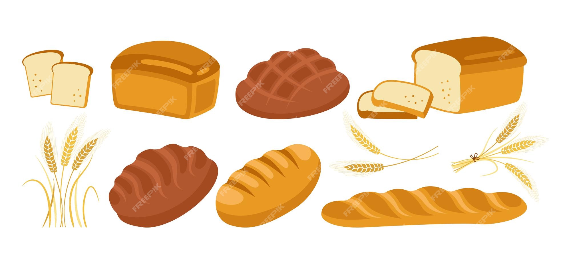Conjunto de iconos de dibujos animados de pan. productos de panadería  hogaza de pan y espigas de trigo y baguette francés, pretzel, croissant,  ciabatta de baguette francés | Vector Premium
