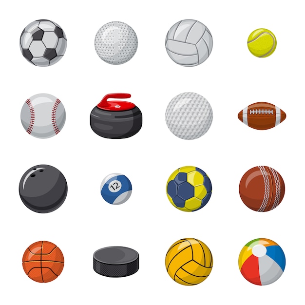 Conjunto de iconos de dibujos animados de pelota, pelota deportiva.