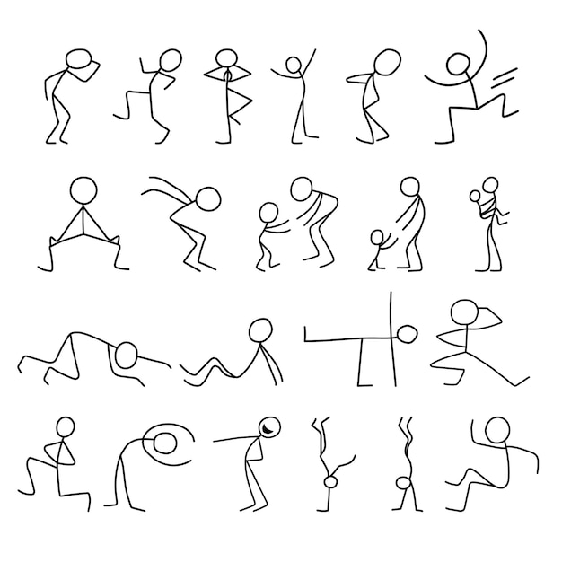Conjunto de iconos de dibujos animados de personas de vector pequeño bosquejo en escenas en miniatura lindas.