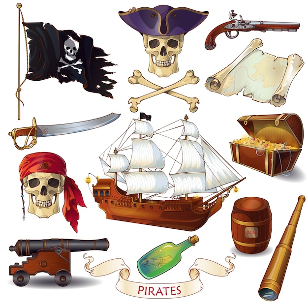 Vector conjunto de iconos de dibujos animados de piratas