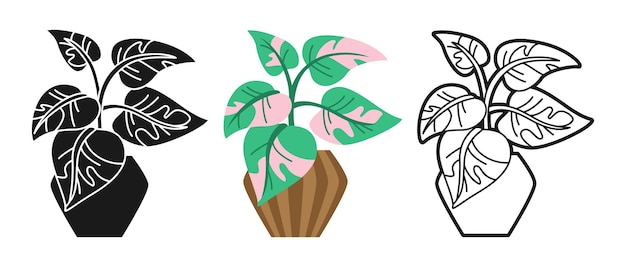 Conjunto de iconos de dibujos animados de planta de casa en maceta estilo de silueta de icono de línea de doodle de maceta de planta de interior de hoja