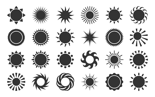 Conjunto de iconos de dibujos animados de silueta de sol. estrella negra del atardecer de la luz del sol. símbolos vectoriales solares gráficos abstractos. colección sobre fondo blanco para diseño gráfico y web, tatuaje o colección de vectores de logotipos