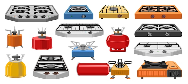 Conjunto de iconos de dibujos animados de vector de estufa de camping. Colección, vector, ilustración, horno, viaje, blanco, fondo., Aislado, caricatura, ilustración, icono, conjunto, de, acampar, estufa, para, web, design.