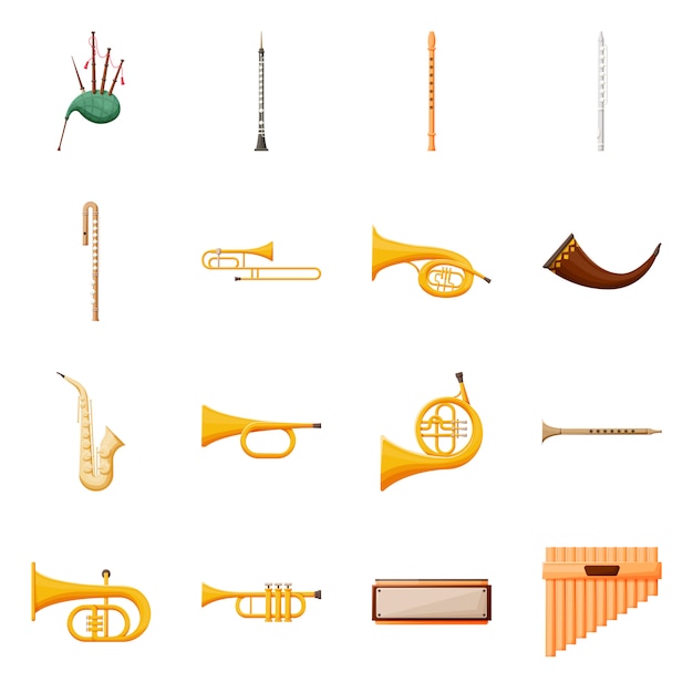 Conjunto de iconos de dibujos animados de vector de instrumento musical. Vector ilustración aislada gaita, clarinete y flauta. Conjunto de iconos de instrumento musical.