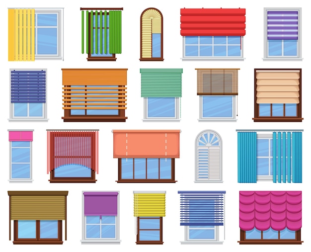 Conjunto de iconos de dibujos animados de vector de ventana ciega. Ilustración de vector de colección sobre fondo blanco de la casa de persianas. Conjunto de iconos de ilustración de dibujos animados aislado de persiana de ventana para diseño web.