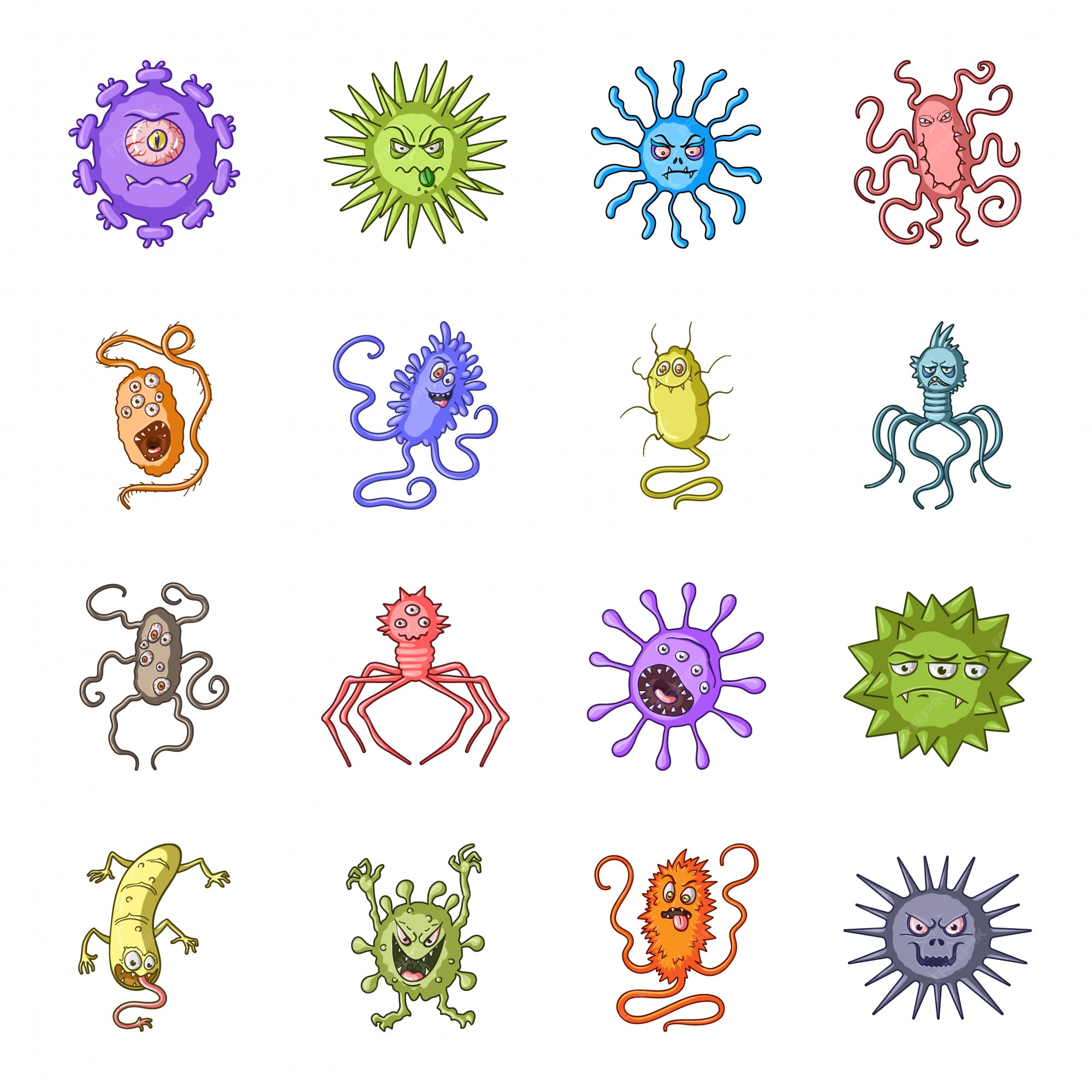 Conjunto de iconos de dibujos animados de virus y bacterias. conjunto de  dibujos animados aislados icono microbio,. ilustración virus y bacterias. |  Vector Premium