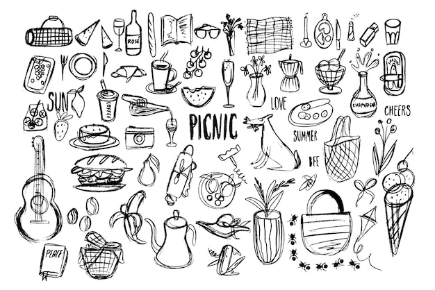 Conjunto de iconos de dibujos para picnic Colección de ilustraciones vectoriales al aire libre Estandarte de estilo de arte de línea dibujado a mano