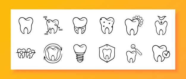 Conjunto de iconos de dientes Caries dentista boca colmillos esmalte pasta dolor mandíbula cepillo de encías lengua icono negro sobre un fondo blanco icono de línea vectorial para negocios y publicidad
