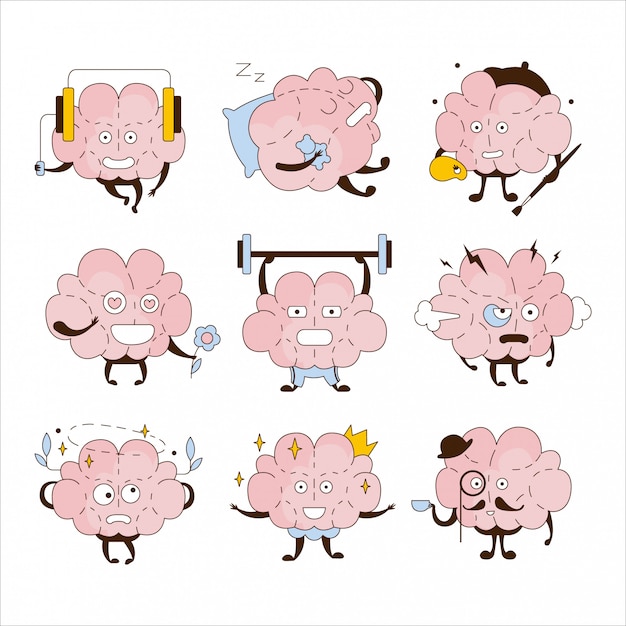 Conjunto de iconos de diferentes actividades y emoticonos de cerebro