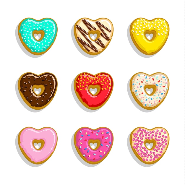 Conjunto de iconos de diferentes donas dulces. donuts lindos y brillantes en forma de corazón.