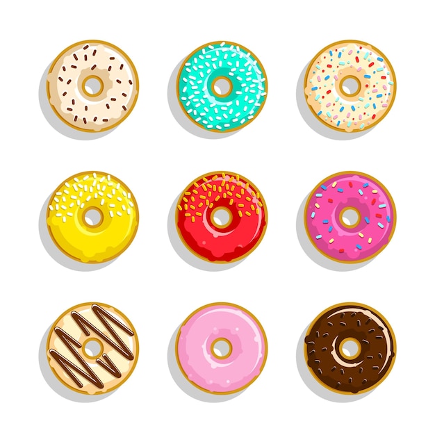 Vector conjunto de iconos de diferentes donas dulces. donuts lindos y brillantes